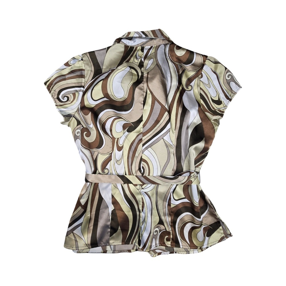 Cato XL Brown Tan Psychedelic Swirl Satin Button Down Belted Blouse Top Y2K 70s